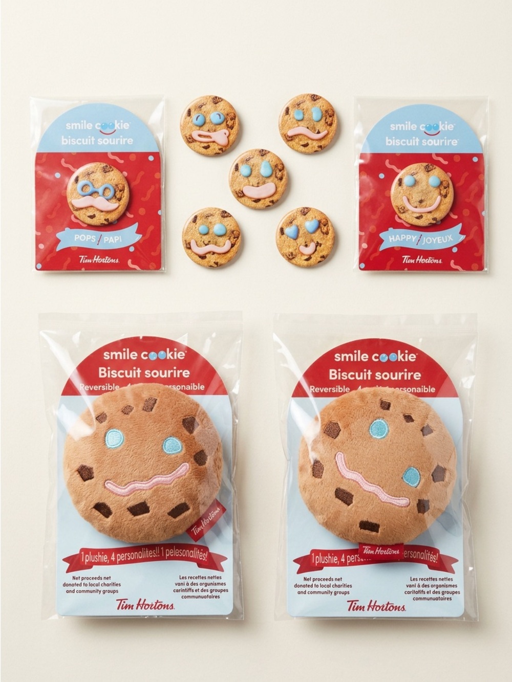 Tim Hortons Smile Cookie Lot 20022-26 Reversible Plush 2 Sealed, 7 Pins 2 Sealed